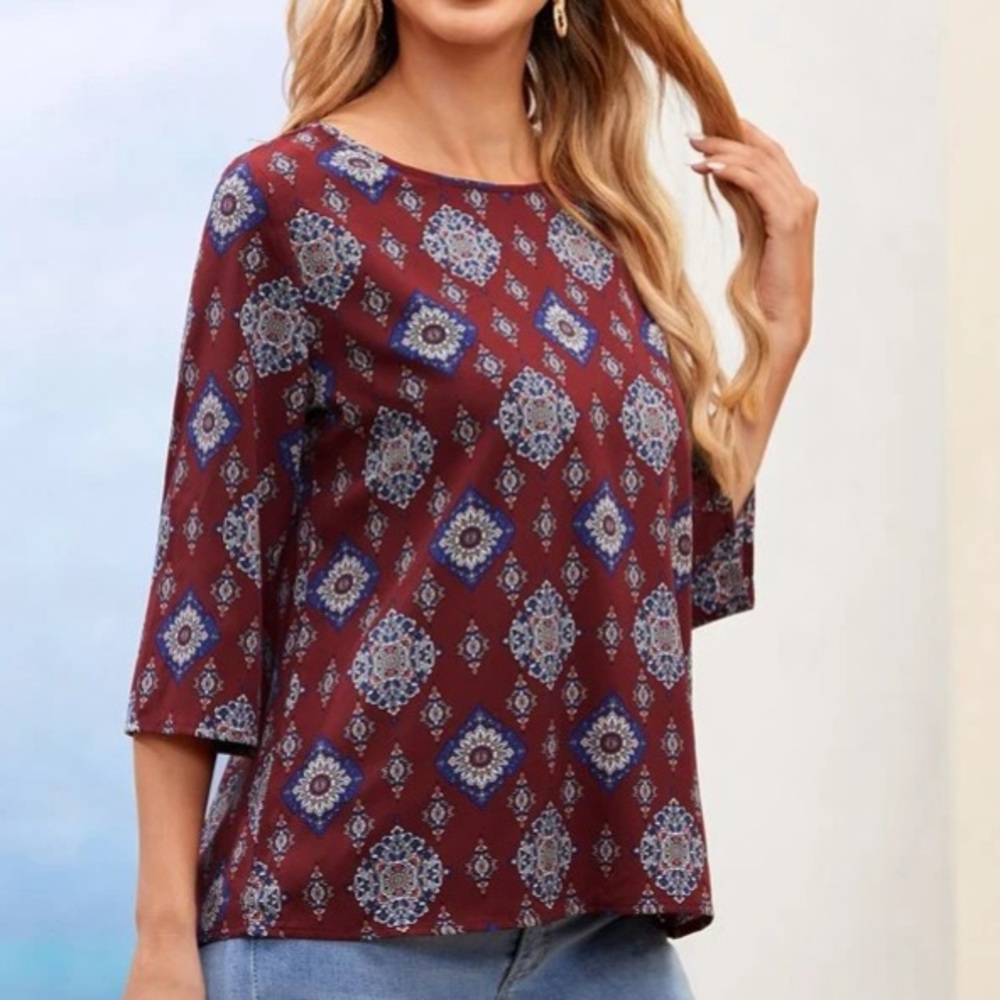 Emery Rose | Burgundy 3/4 Sleeve Blouse - Picture 2 of 10